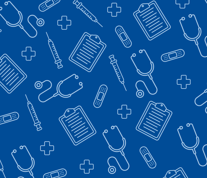 white icons from the world of medicine make a pattern on a blue background