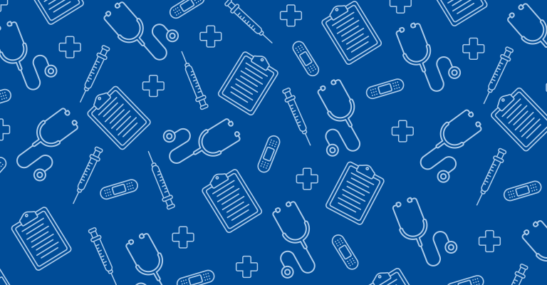 white icons from the world of medicine make a pattern on a blue background